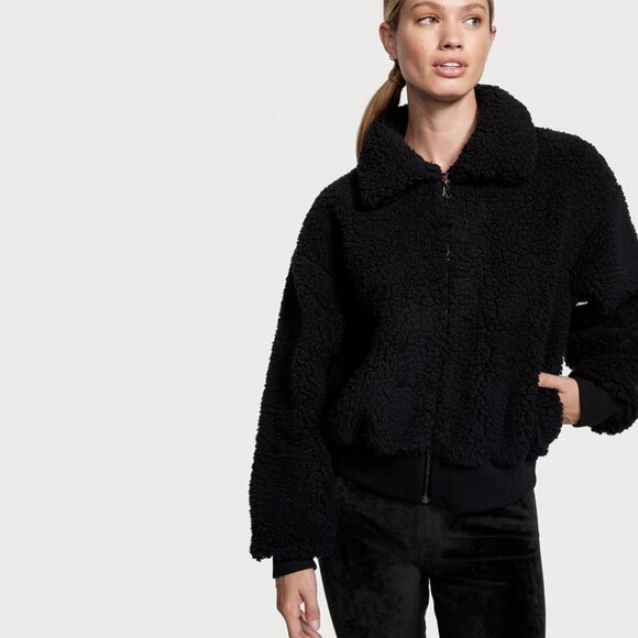 Victoria’s Secret ✦ Plush Fleece Zip Jacket ✦ Black w/ Embroidered VS Logo Back - Picture 1 of 5